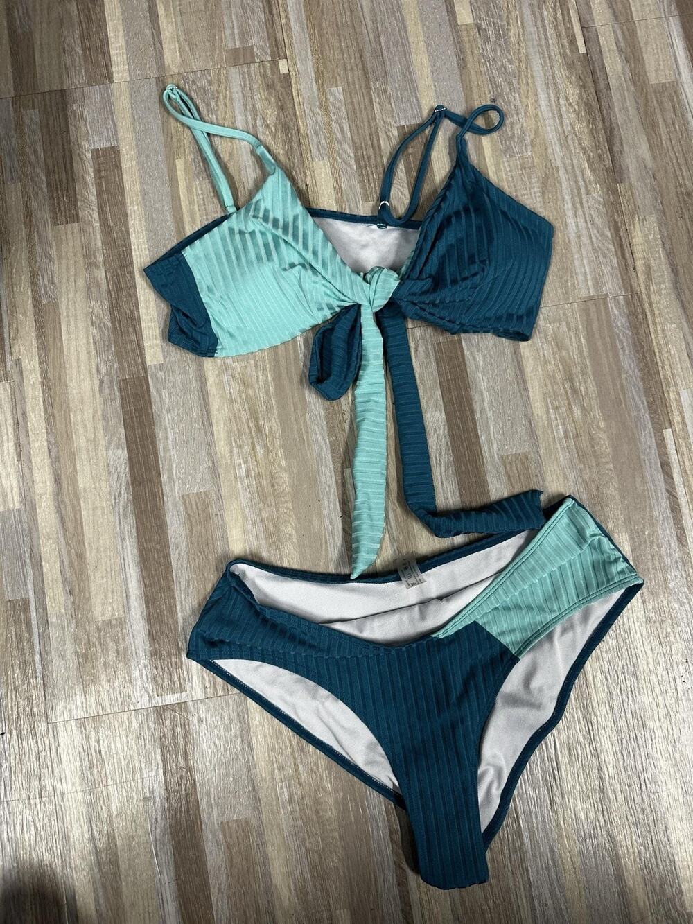 Bikini Swimsuit Womens Large Green Colorblock Ribbed Bow Tie Front 2 Piece Set